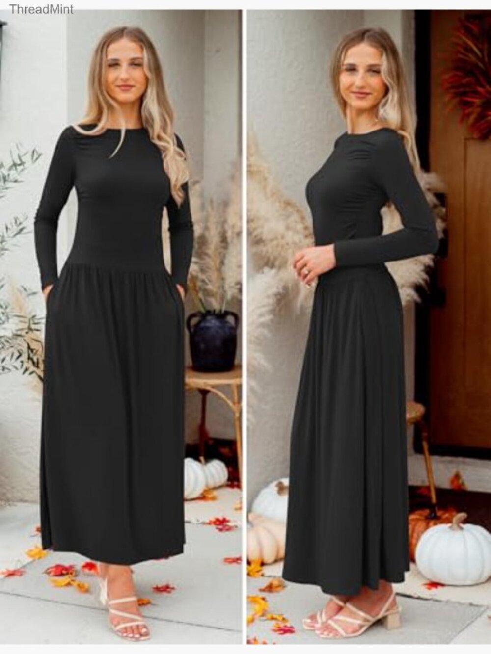 Long Sleeve Knit Maxi Dress with Pockets Swing Pleated A-Line - Picture 6 of 7